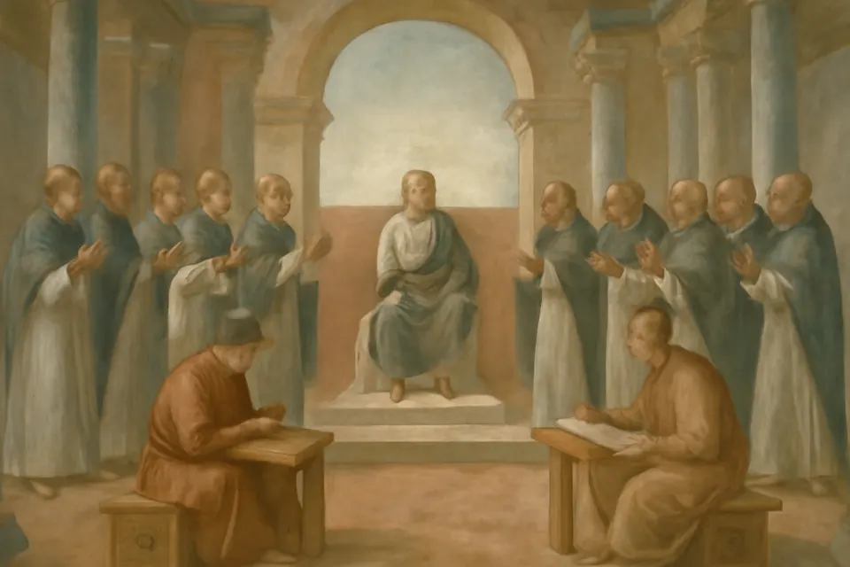 Fresco-style scene of a Roman official presiding from a raised chair as two groups of bishops face each other in a great hall, with scribes writing at tables