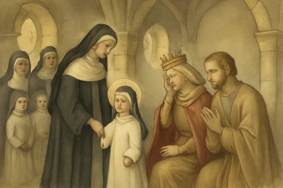 Illustration of the little princess Margaret, about four years old, receiving a tiny white Dominican habit from the nuns of Veszprém
