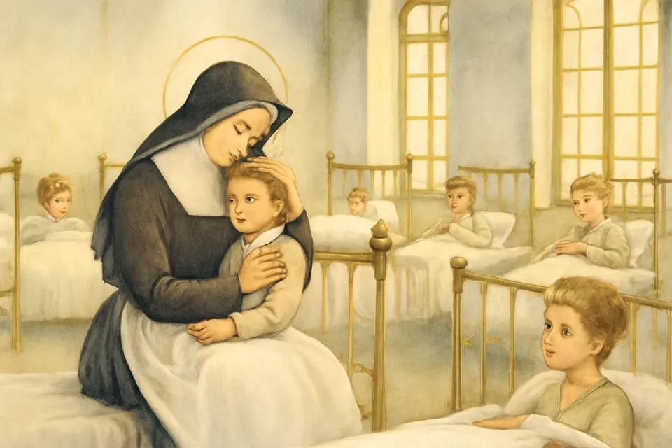 Watercolor scene of Sister Bertilla in a hospital ward of 1910 calming a frightened child sick with diphtheria