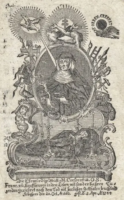 Old engraving with a small oval portrait of a Franciscan sister holding a crucifix, surrounded by angels, instruments of the Passion and scrollwork, above a scene of her body lying in state and a German inscription giving her dates