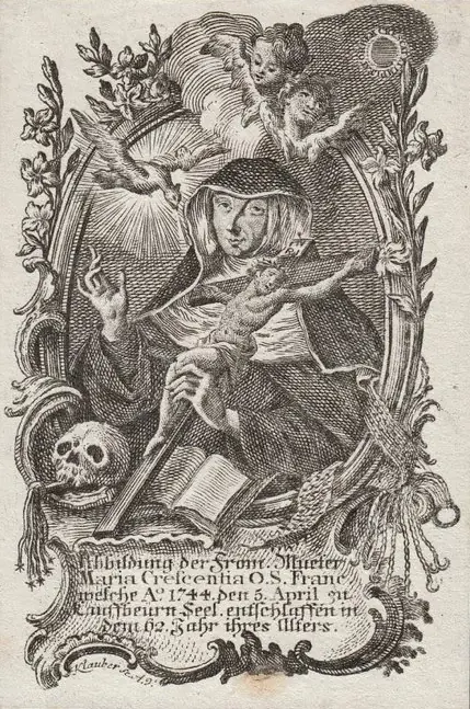 Copperplate engraving of a Franciscan sister in a veil holding a crucifix, with a skull and open book below, cherubs and a dove in rays of light above, framed by rococo scrollwork and an inscription in German