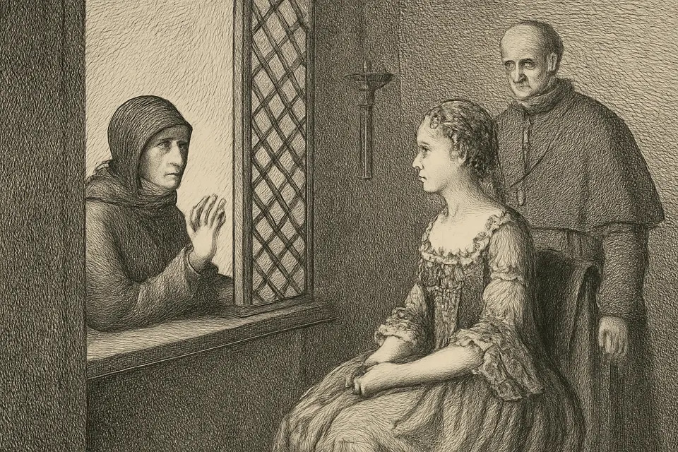 Engraving-style scene of a Franciscan sister speaking through a convent grille with a richly dressed noblewoman and a bishop who have come for her counsel