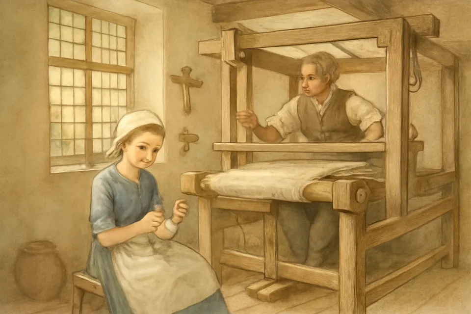 Watercolor-style scene of a young girl in an eighteenth-century Bavarian weaver's workshop, winding thread while her father works at a wooden loom