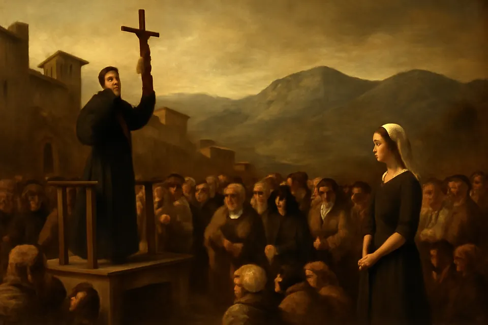 Oil-painting-style scene of a priest preaching from a platform with a large crucifix to a crowd in a hill-town square, a young woman listening closely at the edge of the crowd