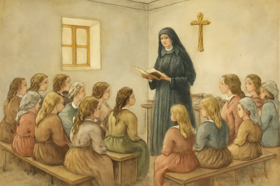 Watercolor-style scene of a young sister teaching a group of village girls seated on benches in a plain room with a crucifix on the wall