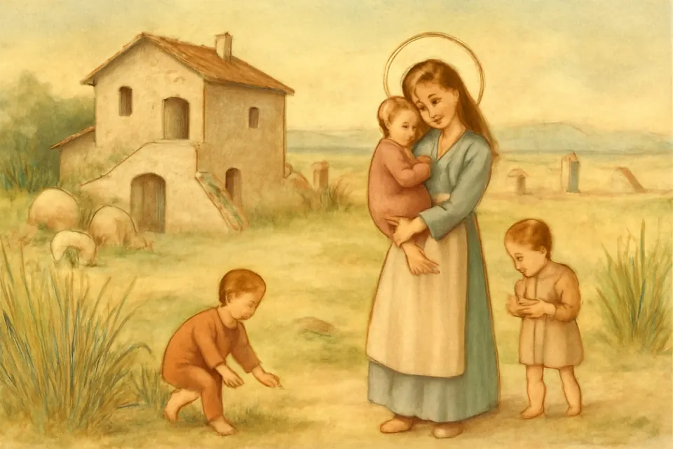 Illustration of young Maria Goretti carrying her little sister outside a stone farmhouse in the Pontine Marshes