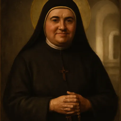 Oil-painting-style portrait of St. María Guadalupe García Zavala as an older Mexican nun in a black habit and veil, smiling gently, a rosary in her hands