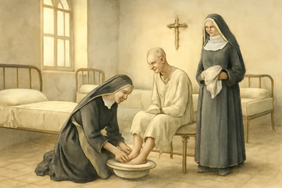 Watercolor-style scene of Mother Lupita kneeling on the floor of a poor hospital ward in Guadalajara to wash the feet of a sick old man