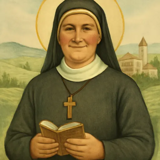 Watercolor-style portrait of St. Maria Mazzarello as a nineteenth-century Italian religious sister in a black habit and veil with a wide white collar, holding a crucifix