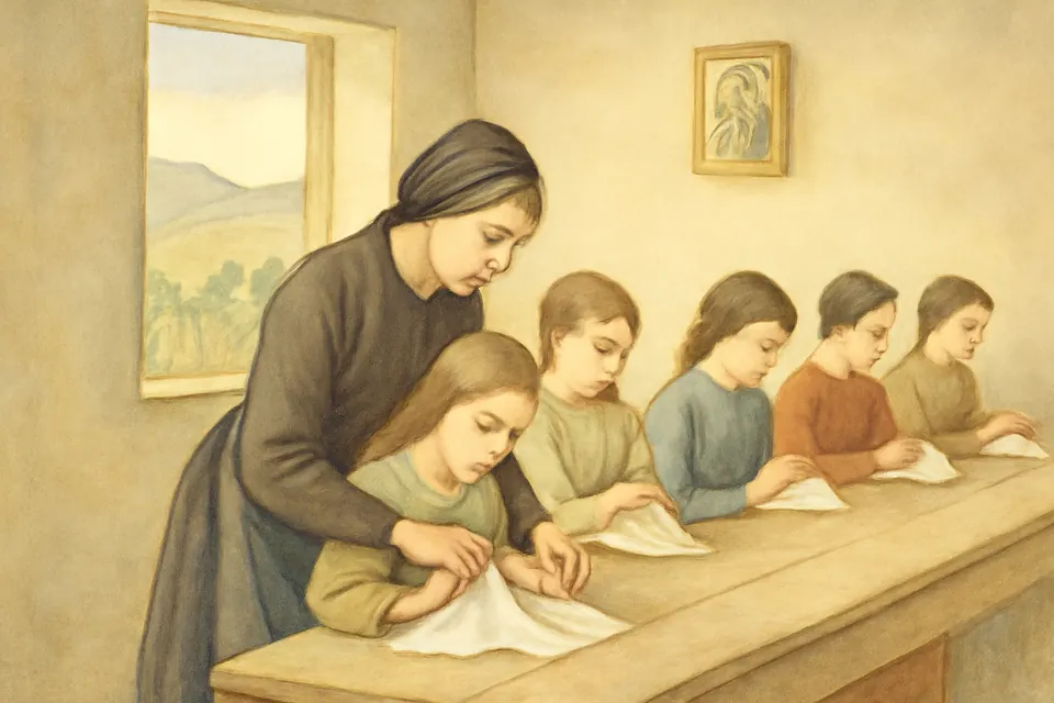 Watercolor-style scene of young village women and girls sewing at a long table in a plain room, a young woman in a dark dress guiding a girl's needle