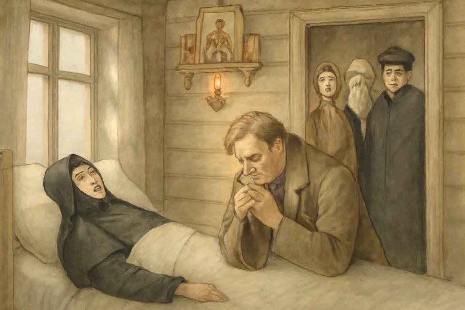 Watercolor-style scene of a bedridden nun in black speaking quietly to a grieving visitor kneeling at her bedside, while others wait their turn in the doorway