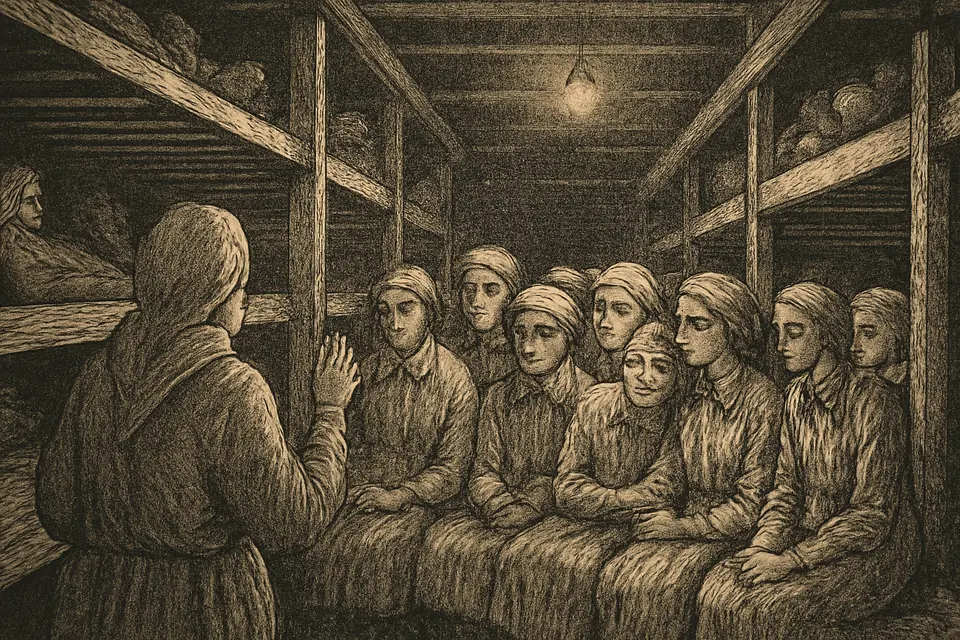 Engraving-style scene of women prisoners in striped dresses gathered around a woman in a headscarf who speaks to them quietly in a crowded camp barrack at night