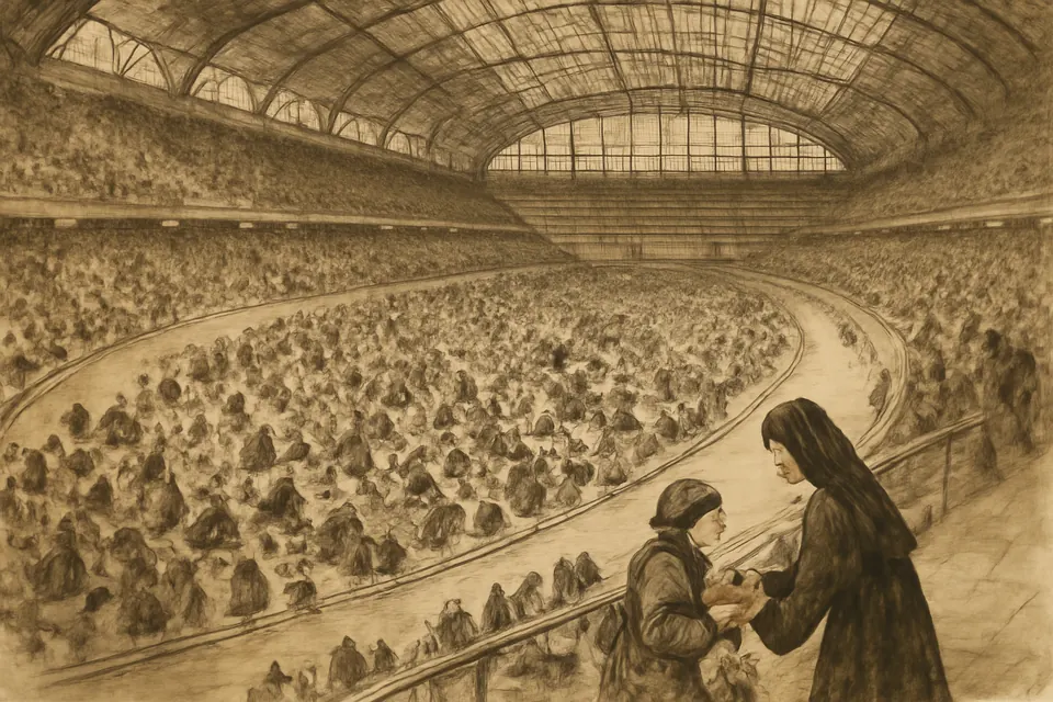 Ink-drawing-style scene of an Orthodox nun handing bread to frightened families crowded on the stands of a huge covered stadium in 1942, seen from a distance