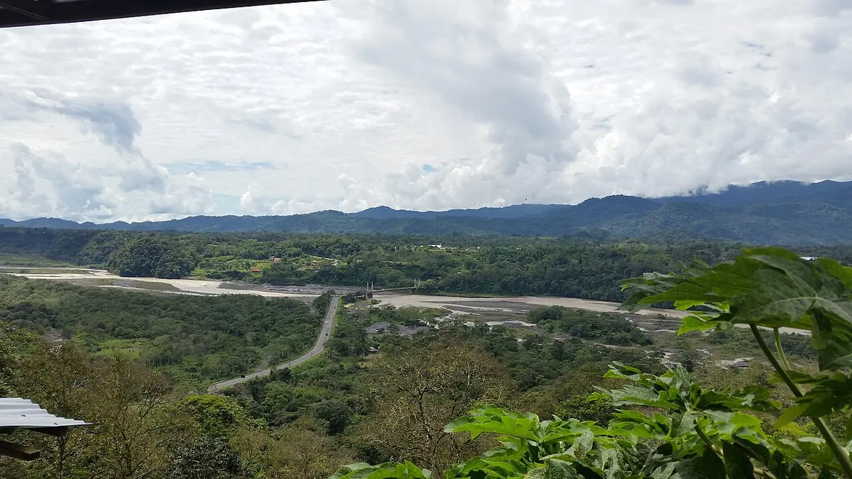 A wide river valley of gravel bars and green forest stretching to low blue mountains under a cloudy sky