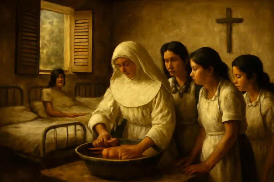 Oil-painting-style illustration of the elderly Sister Maria Troncatti teaching young Shuar women to care for a baby in a simple mission hospital ward