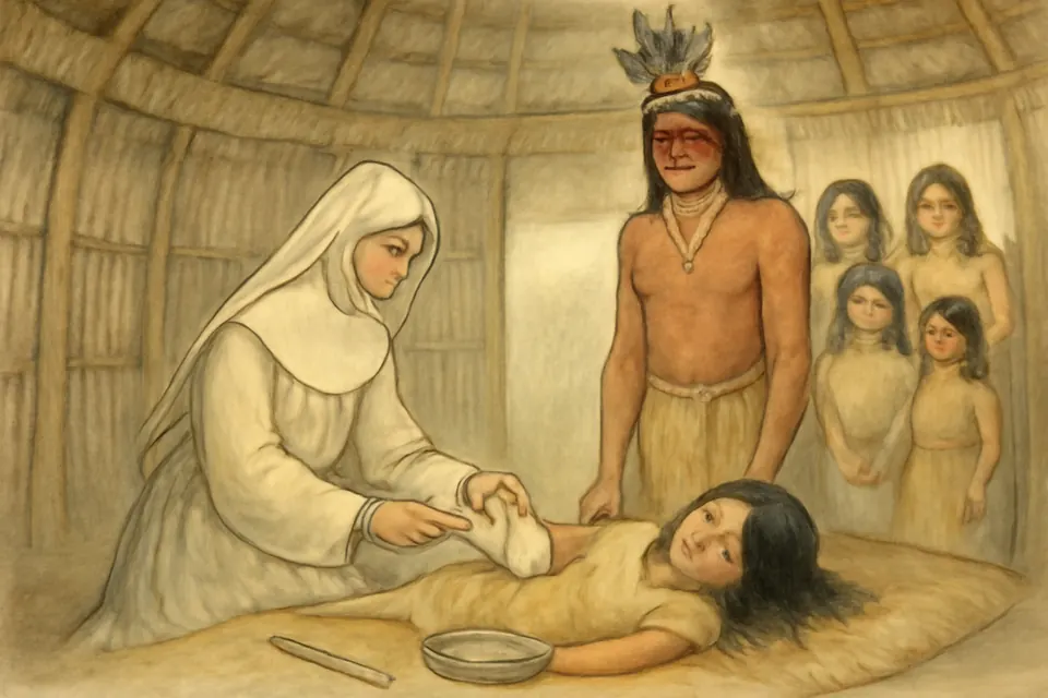 Watercolor illustration of Sister Maria Troncatti kneeling to tend a wounded Shuar girl in a palm-thatched house as the girl's father and family watch