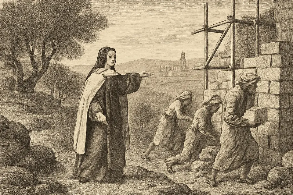 Engraving-style scene of a small Carmelite nun directing workmen building a stone convent on a hill near Bethlehem