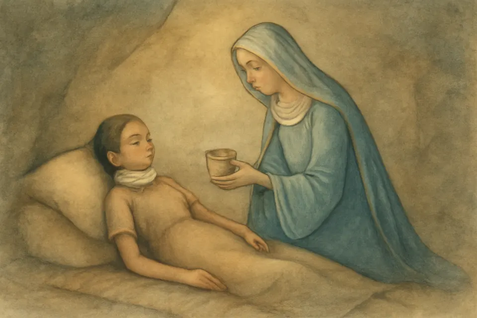 Watercolor-style scene of a wounded girl lying in a dim grotto while a woman in a blue mantle tends to her