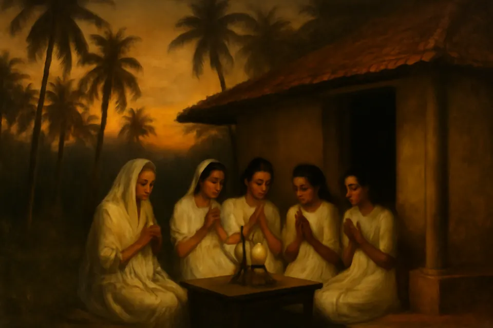 Oil-painting-style scene of four Indian women in white praying together on the veranda of a small tiled house among palm trees at dusk