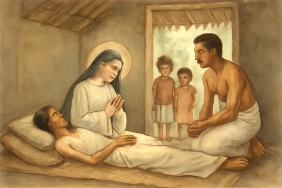 Watercolor-style scene of an Indian religious sister sitting beside a sick woman on a mat in a palm-thatched house, while children and an anxious husband look on