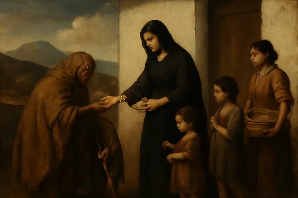 Painting-style scene of St. Mariana de Jesús at the door of her family's house handing bread from a basket to poor men, women and children