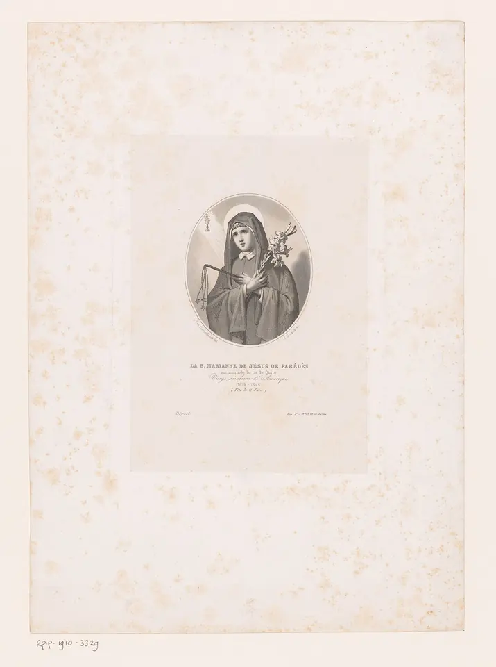 Small oval nineteenth-century engraving of a veiled young woman holding a crucifix and lilies, printed in the center of a wide sheet with a French caption below