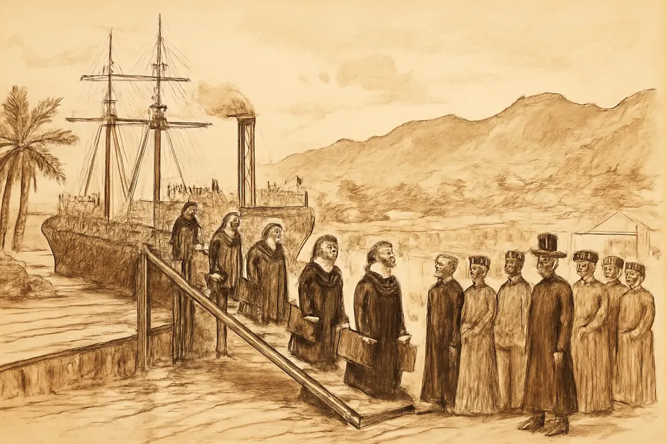 Illustration of seven Franciscan sisters in black habits coming down the gangway of a steamship at Honolulu harbor in 1883