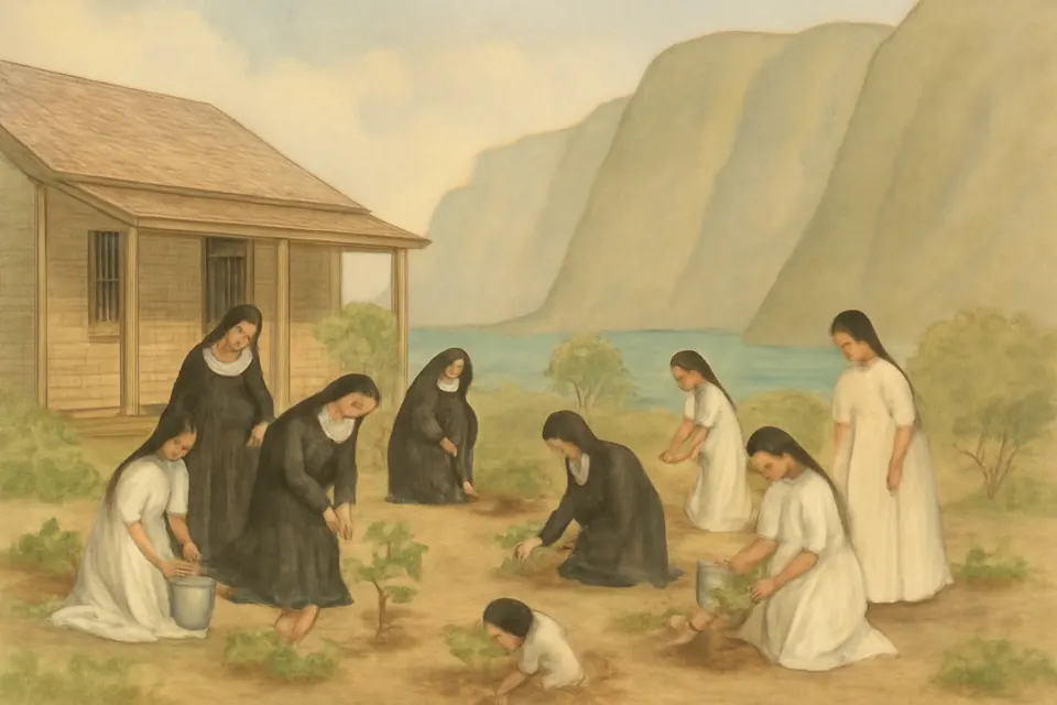 Illustration of Franciscan sisters and Hawaiian girls planting flowers in the garden of a home at Kalaupapa, with sea cliffs behind