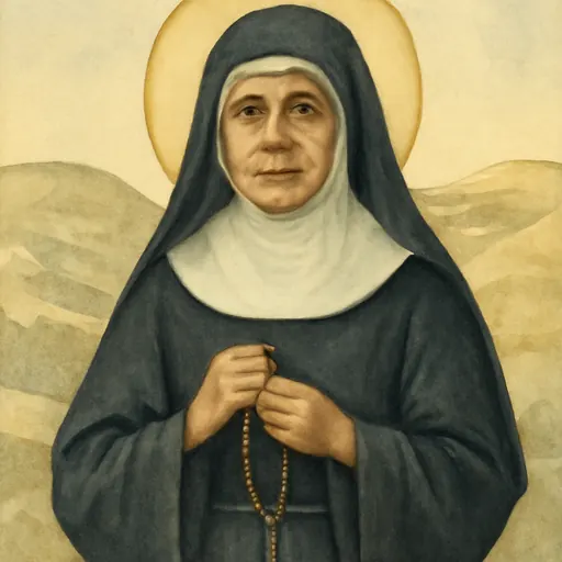 Watercolor-style portrait of St. Marie-Alphonsine Danil Ghattas, an elderly Arab nun in a dark habit and white wimple, holding a rosary