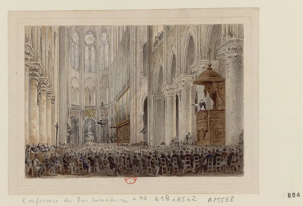 Drawing of the nave of Notre-Dame de Paris packed with listeners as Father Lacordaire preaches from the high pulpit