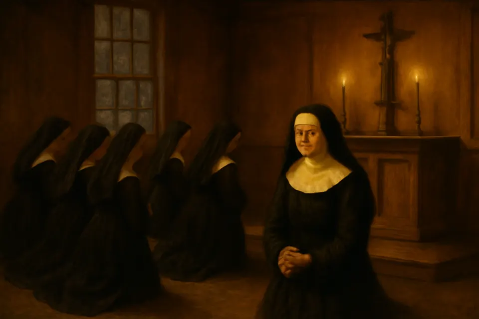 Oil-painting-style scene of a small group of nuns in black habits and white starched collars kneeling in prayer in a plain wooden convent chapel lit by candles