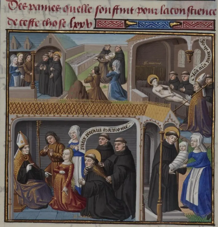 Fifteenth-century miniature in four scenes, showing monks in black habits, a woman bringing a baby to a kneeling monk, and the monk laid out for burial while the brothers gather around
