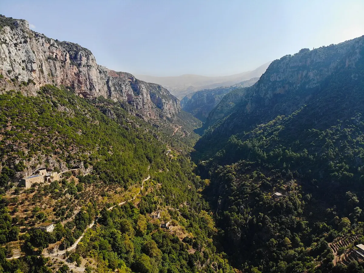 View over the steep, wooded Qadisha Valley in northern Lebanon, with limestone cliffs and a monastery on the slope