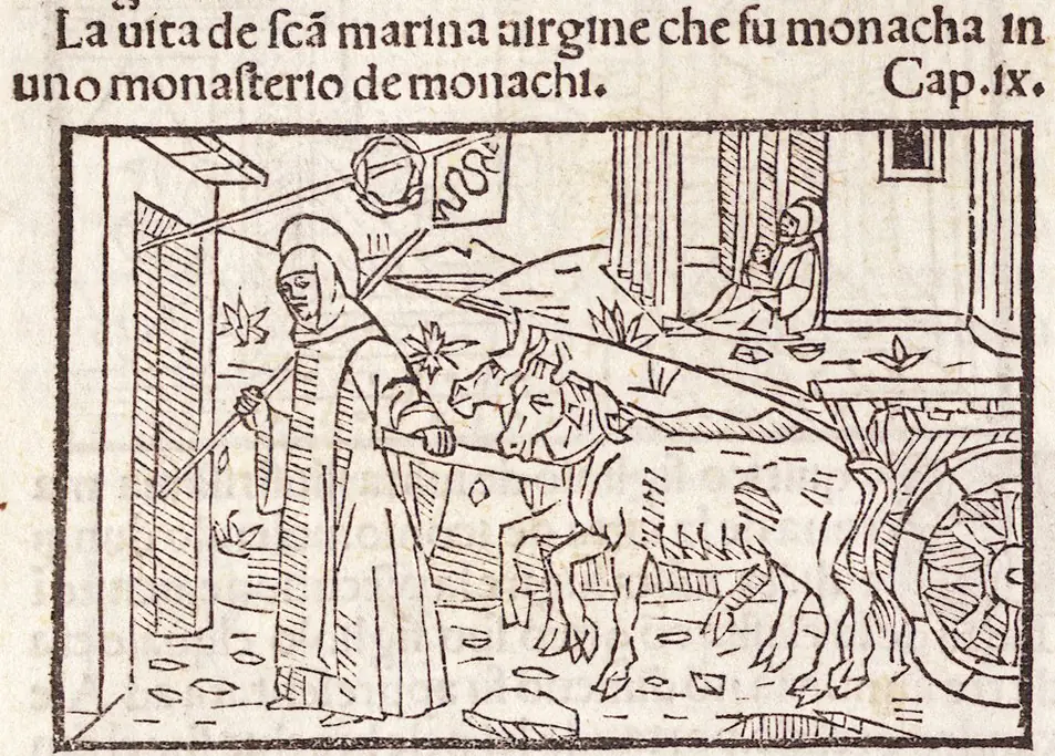 Early Venetian woodcut of a hooded monk driving an ox cart out of a monastery gate, under a printed Italian heading about St. Marina