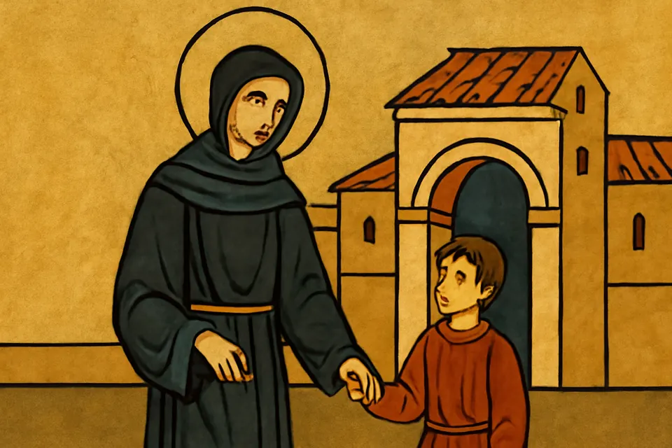 Icon-style illustration of St. Marina dressed as a monk, holding a small child by the hand