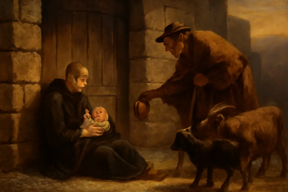 Illustration of Brother Marinos sitting outside a monastery gate in the cold, wrapping a crying infant in her cloak while a shepherd brings a jug of milk