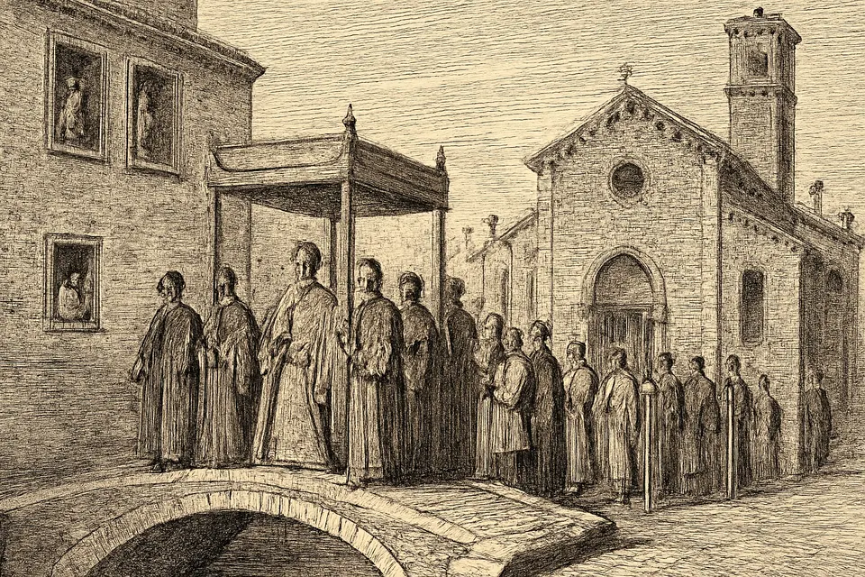 Illustration of the Doge of Venice and the Senate in procession to the little church of Santa Marina on her feast day