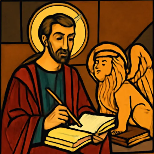 Oil-painting-style portrait of St. Mark as a dark-bearded man in a red cloak writing in a book, with a winged lion beside him
