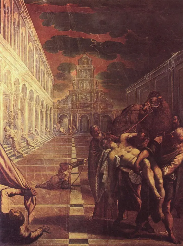 Dramatic painting of men carrying a pale body away from a fire in a long arcaded square under a stormy red sky, while ghostly figures flee into the arcades