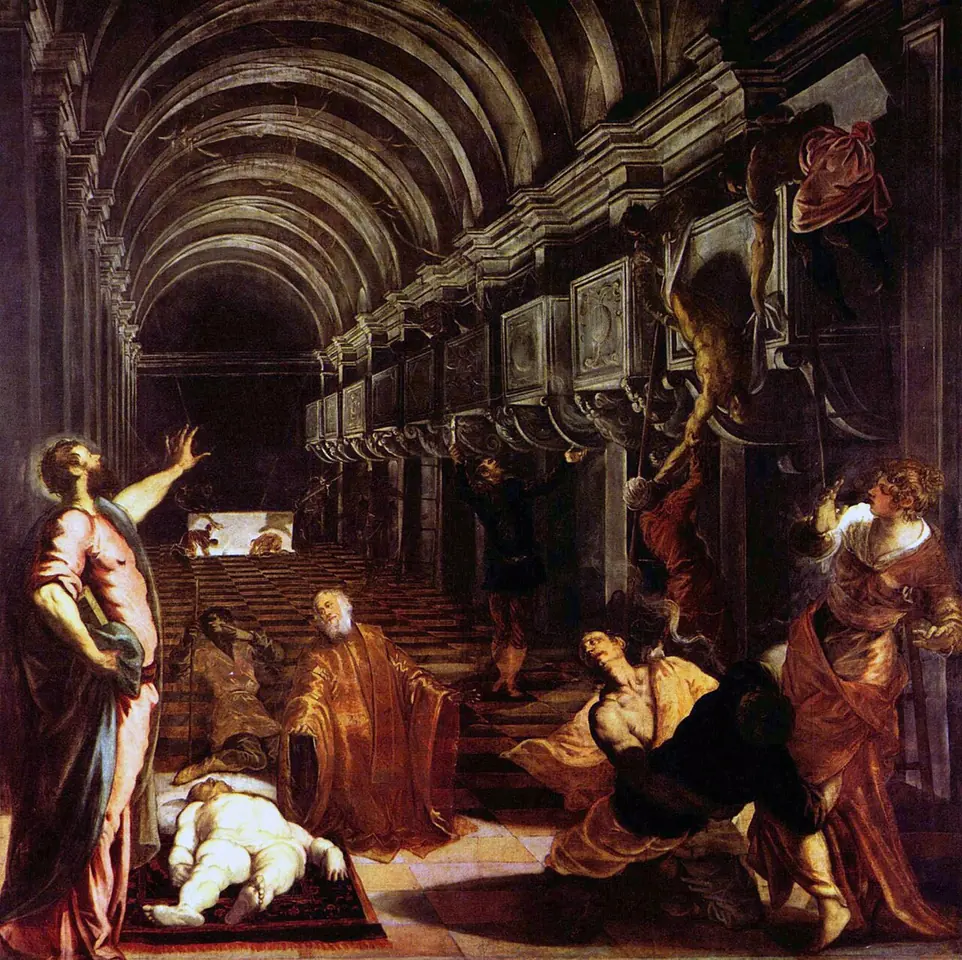 Painting of a long vaulted hall lined with tombs where St. Mark stands at the left raising his hand to stop men lowering a body from a tomb, while a possessed man writhes at the right