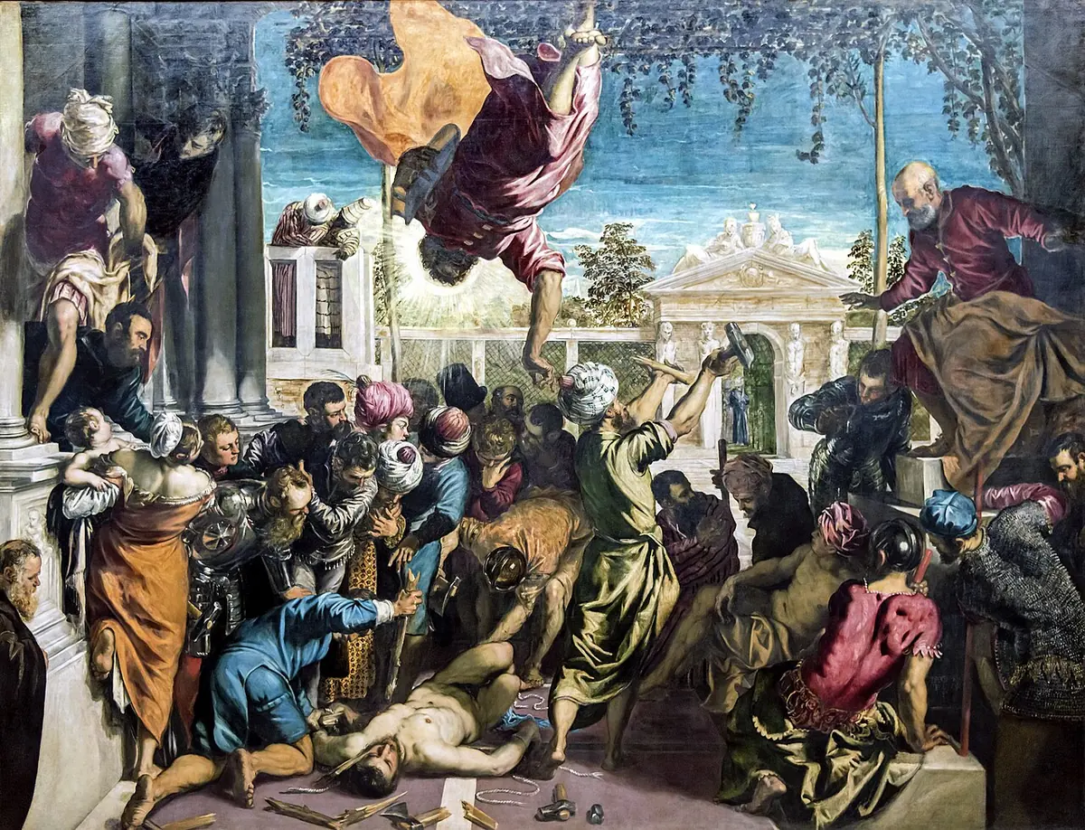 Crowded Venetian painting of St. Mark diving head first from the sky over a servant lying on the ground, as his tormentors hold up broken tools and onlookers crowd around