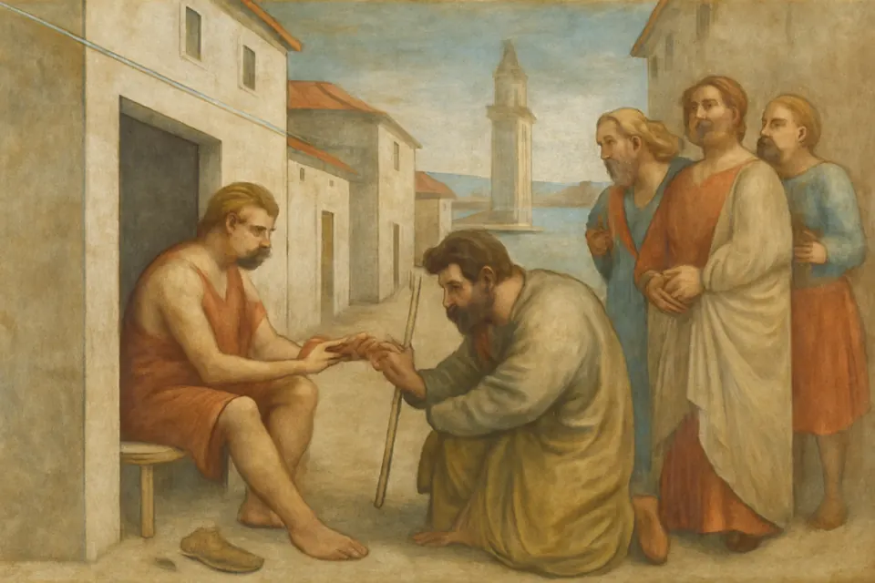 Illustration of St. Mark healing the wounded hand of the cobbler Anianus at his stall in Alexandria
