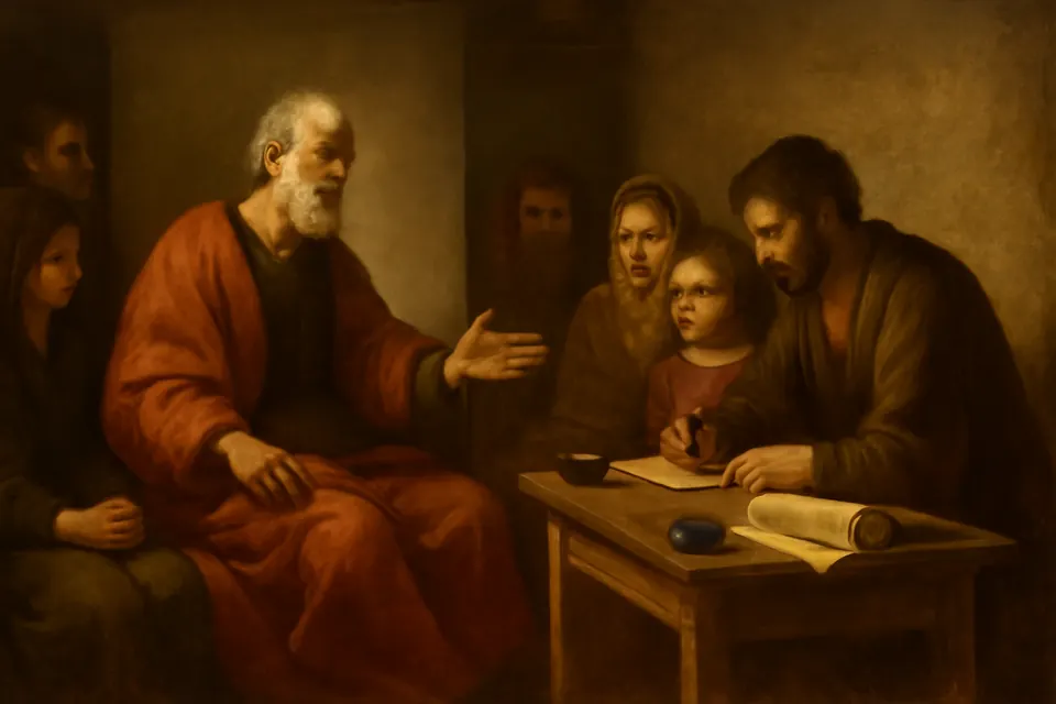 Illustration of Mark writing on a scroll while the elderly Peter speaks to a small gathering of Christians in a house in Rome
