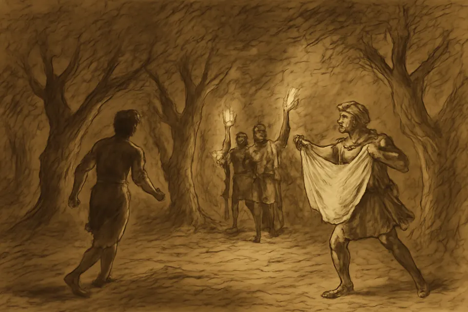 Drawing of a young man running away into the dark olive trees of Gethsemane, leaving his linen cloth in a soldier's hand