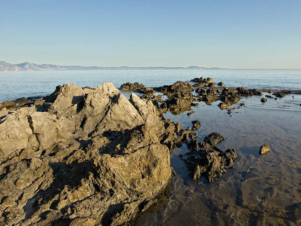Jagged golden rocks at the edge of a calm, shallow sea with a distant coastline under a pale sky
