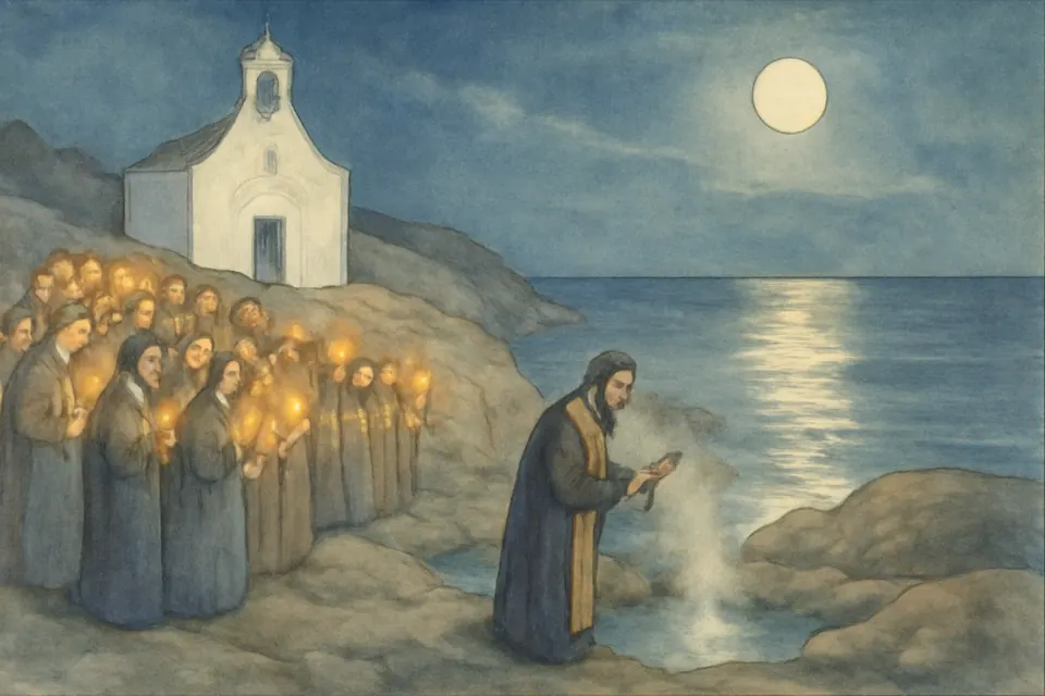 Watercolor scene of pilgrims with candles at night on a rocky shore by a small white chapel as a priest blesses the water at the edge of the sea