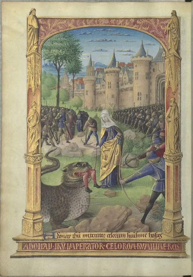 Miniatura de un manuscrito con Marta de manto azul que lleva atado de su cinturón a un dragón verde y escamoso mientras unos hombres armados lo atacan, ante una ciudad amurallada con torres