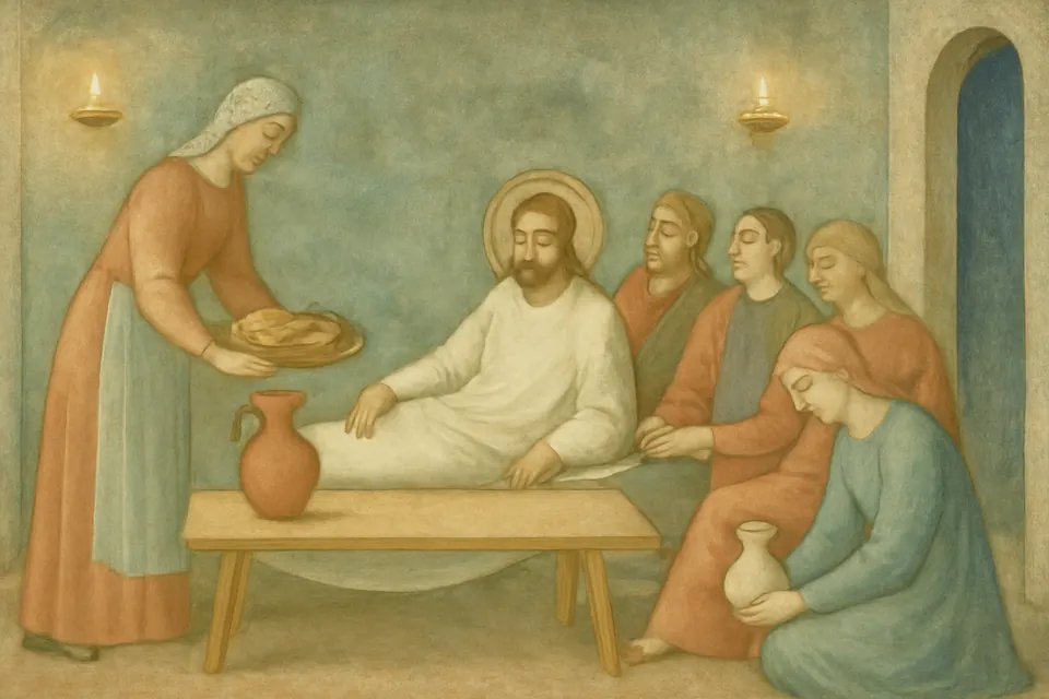 Ilustración en estilo fresco de Marta que sirve pan y vino en una cena para Jesús en Betania, mientras su hermano Lázaro está reclinado a la mesa