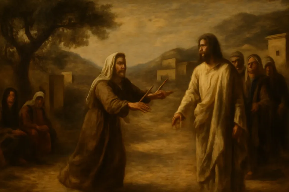 Ilustración en estilo óleo de Marta que sale deprisa por el camino de Betania al encuentro de Jesús y sus discípulos, con el rostro marcado por el dolor