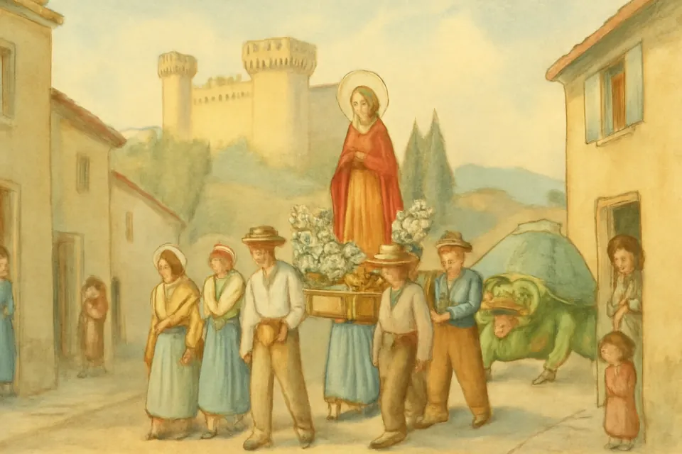 Ilustración en acuarela de una procesión de verano en Tarascón con la imagen de Santa Marta y una gran figura verde de dragón, con el castillo junto al Ródano al fondo